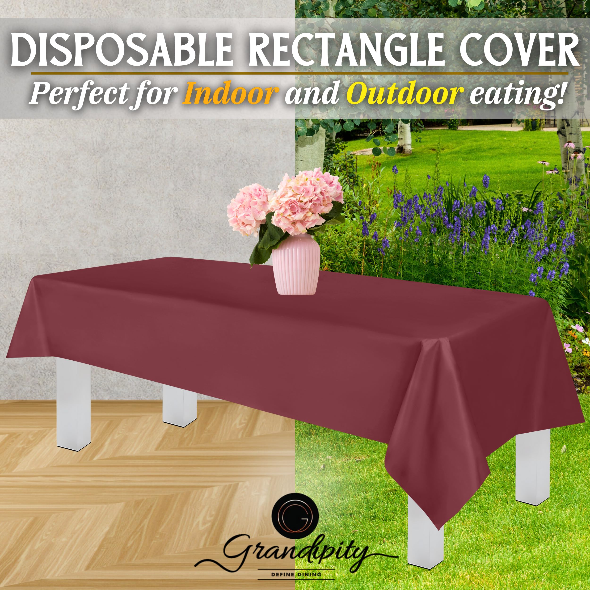 Grandipity Burgundy Plastic Table Cloth Disposable (6 Pk) 54In X 108In Plastic Tablecloths For Rectangle Tables - Premium Party